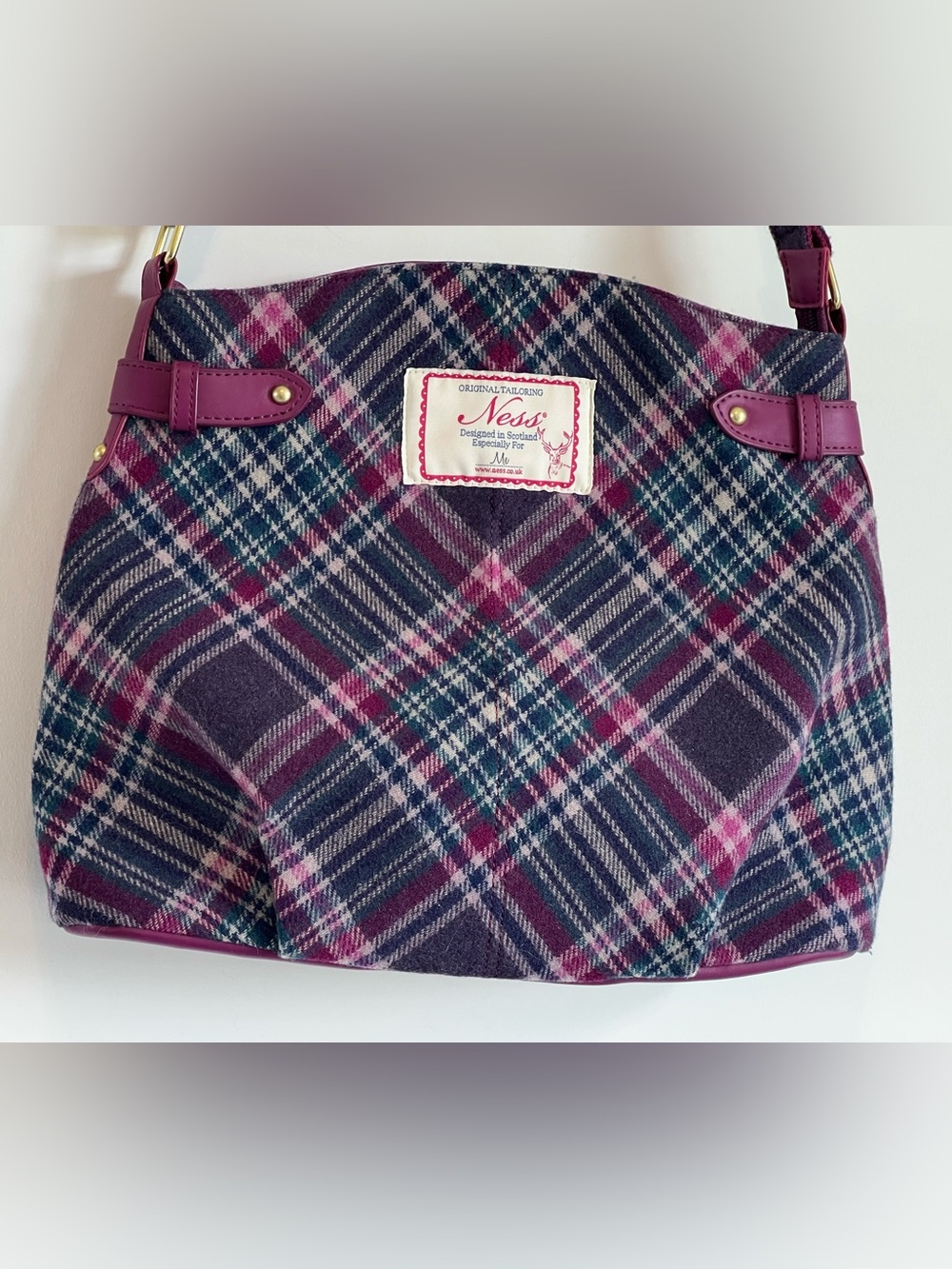 Ness Scotland Heritage Plaid Tweed Satchel Crossbody Bag - Purple/Burgundy